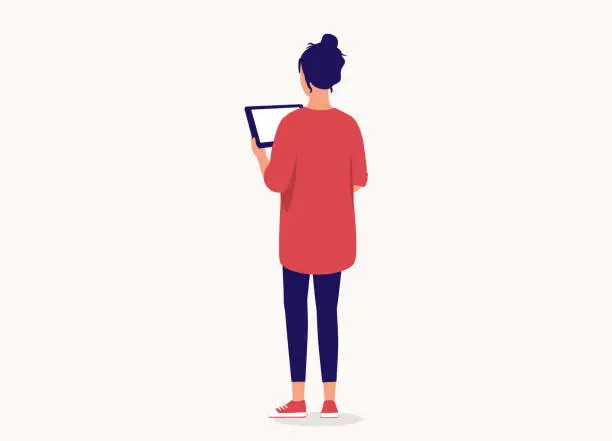 Vector illustration of Young Woman Holding A Digital Tablet.