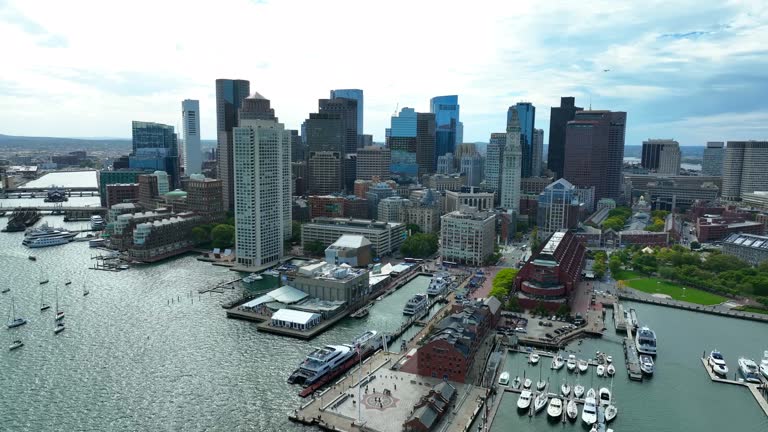 Boston skyline. Panorama cityscape of Boston Harbor in Massachusetts and financial district highrise skyscrapers. Aerial view.