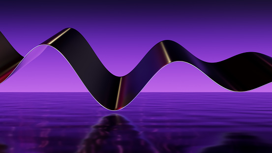3d render. Flying Shiny Wavy Metallic Shape on Water Abstract Background.