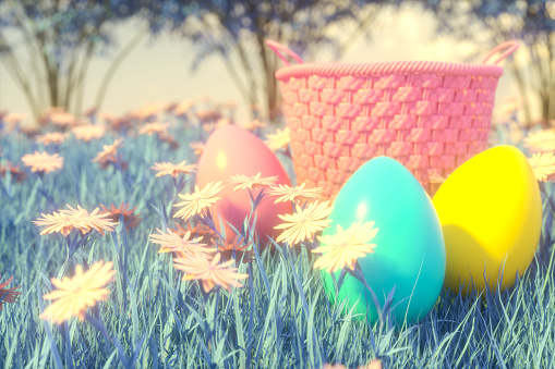 3D Rendering of Easter Eggs on Meadow.