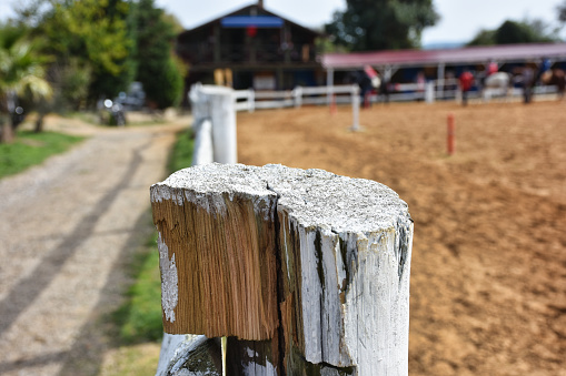 Wide angle view of equestrian training track and blurred horse farm focused on tree stump in front of fence of horse farm