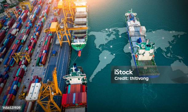 Aerial Top View Containers Ship Cargo Business Commercial Trade Logistic And Transportation Of International Import Export By Container Freight Cargo Ship With On Worldmap Stock Photo - Download Image Now