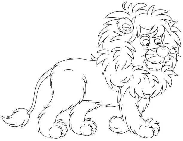 Vector illustration of Funny shaggy lion walking on a savannah
