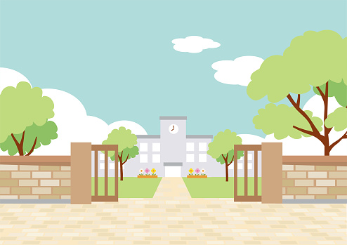 Illustration of school building and  gate , elementary school students carrying school bags.