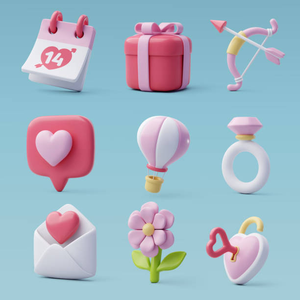 ilustrações, clipart, desenhos animados e ícones de conjunto de ícones do vetor 3d do dia dos namorados e aniversário do amor, conceito do dia dos namorados. - arrow sign colors three dimensional three dimensional shape