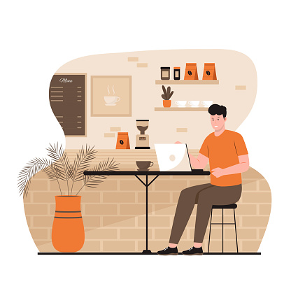 Vector illustration of man working with laptop in coffee shop. Illustration for website, landing page, mobile app, poster and banner. Trendy flat vector illustration