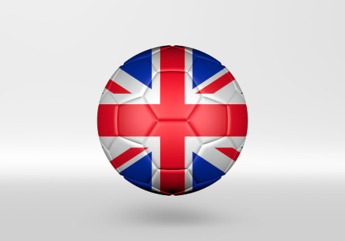 3D soccer ball with the flag of United Kingdom on grey background