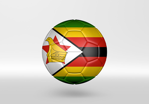 3D soccer ball with the flag of Zimbabwe on grey background