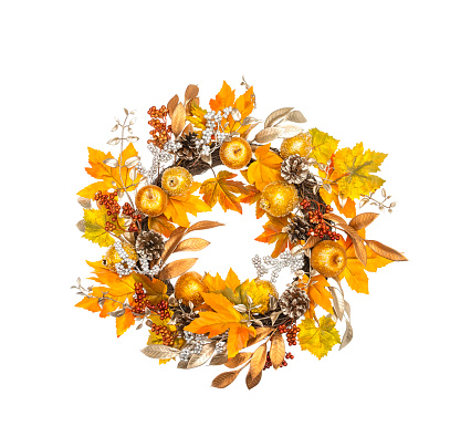 Dried floral wreath isolated on white background. Autumn home decor. Thanksgiving Concept
