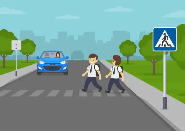 Vector illustration of Car stopped at  crosswalk. Traffic sign indicates pedestrian crossing. Happy school children crossing the road on crosswalk.