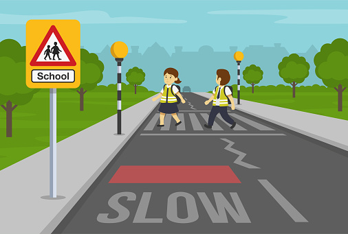 School children crossing road on crosswalk. Zebra crossing with belisha beacons. Flat vector illustration template.
