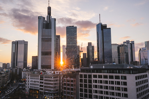 Frankfurt, Germany – November 27, 2021: The beautiful scenery of the Frankfurt skyline in Germany during sunset