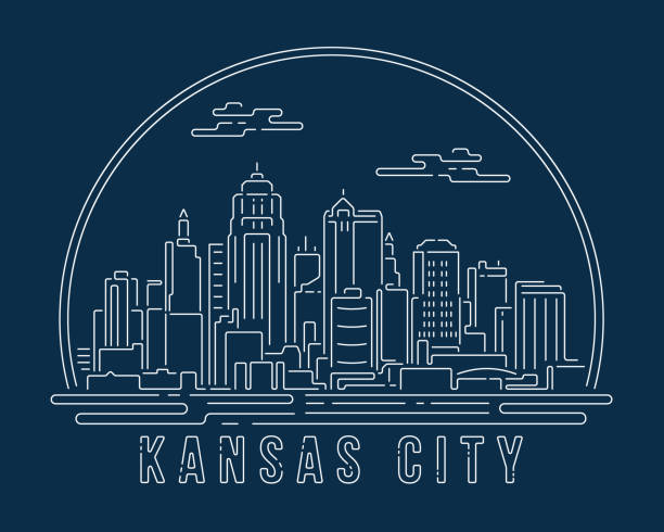 ilustrações de stock, clip art, desenhos animados e ícones de kansas city - cityscape with white abstract line corner curve modern style on dark blue background, building skyline city vector illustration design - kansas kansas city missouri city skyline