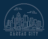 istock Kansas City - Cityscape with white abstract line corner curve modern style on dark blue background, building skyline city vector illustration design 1454545141