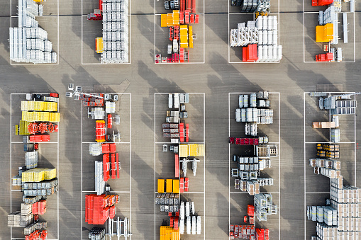 Plastic and metal  ware for construction viewed from above at a depot.