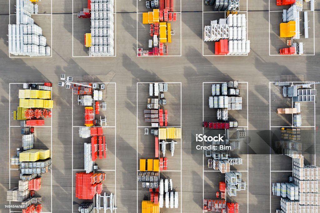 Aerial View of Construction Materials Plastic and metal  ware for construction viewed from above at a depot. Freight Transportation Stock Photo