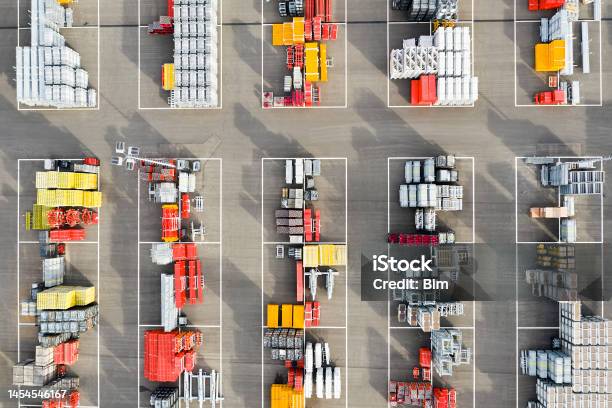 Aerial View Of Construction Materials Stock Photo - Download Image Now - Freight Transportation, Abstract, Warehouse