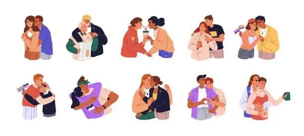 Vector illustration of Happy couples in romantic relationship. Diverse men, women valentines. Diversity of love concept. Different lovers, homosexual and heterosexual. Flat vector illustrations isolated on white background