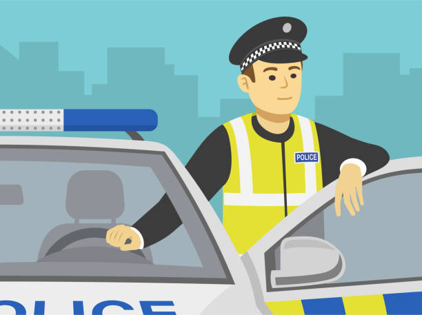 Close-up front view of a police officer leaning on the car door. Close-up front view of a police officer leaning on the car door. Flat vector illustration template. guy open car door stock illustrations