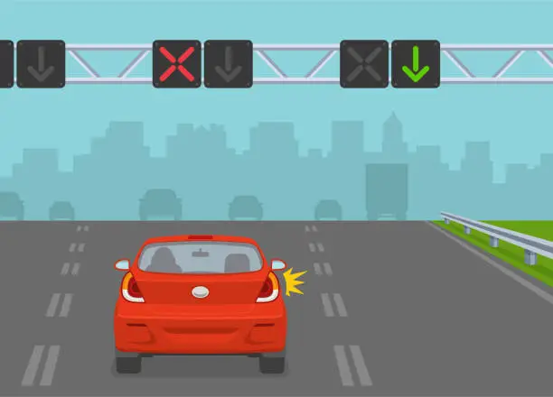 Vector illustration of Red sedan car on a highway with lane control lights. Safe driving and traffic regulation rules.