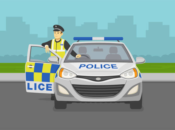 Front view of a traffic police officer leaning on the car door. Parked police car. Front view of a traffic police officer leaning on the car door. Parked police car. Flat vector illustration template. guy open car door stock illustrations