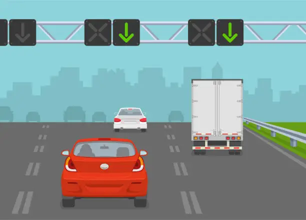 Vector illustration of Traffic flow on a highway with lane control lights. Safe driving and traffic regulation rules.