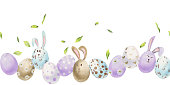 istock Watercolor hand drawn Easter celebration clipart. Seamless border with eggs, bunnies, flowers, leaves and willow. Isolated on white background. Invitations, gifts, greeting cards, print, textile 1454548996