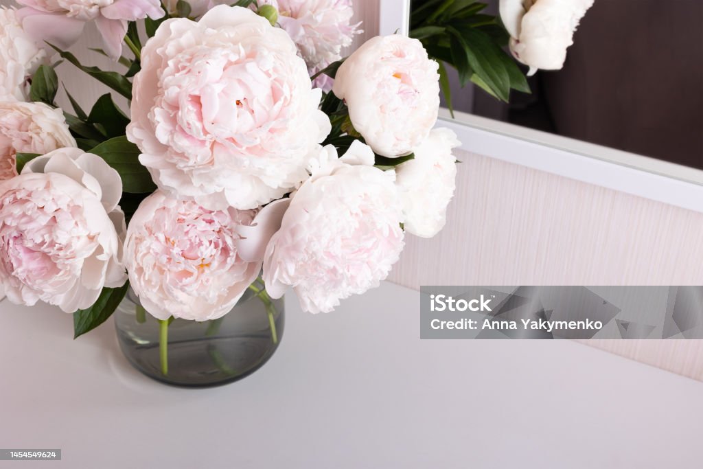 floral de-focused background with a bouquet of light peonies floral fuzzy background with a bouquet of light peonies on the dressing table Peony Stock Photo