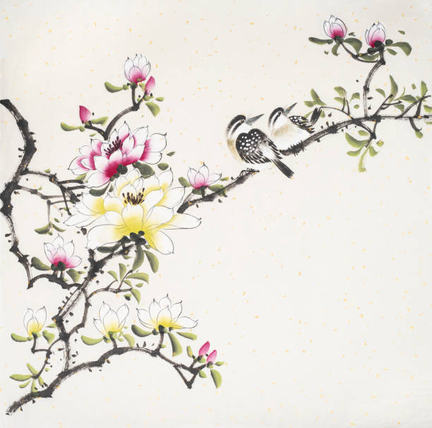 2羽の鳥と開花するマグノリアの木の中国絵画 - magnolia flower blossom botany点のイラスト素材／クリップアート素材／マンガ素材／アイコン素材