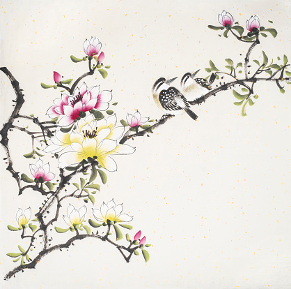 Chinese painting of blossoming magnolia tree with two birds
