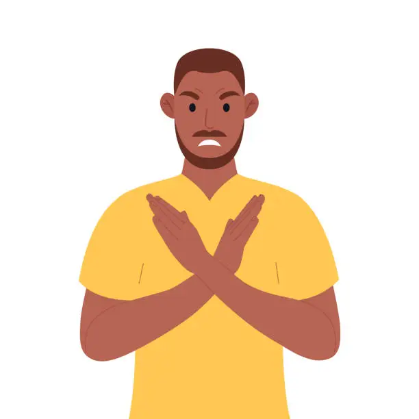 Vector illustration of African american making X shape, stop sign with hands and negative expression. Vector illustration.