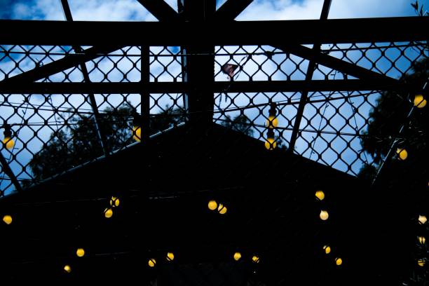 istock Lightened garland hanging over the metal net against a cloudy sky 1454552073