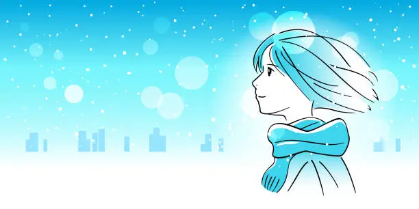 Vector illustration of Snowy night town and high school girls, junior high school students, and students preparing for exams. Vector illustration material