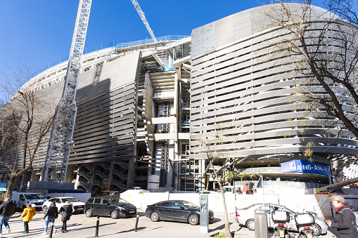 Madrid, Spain - January 04, 2023: Exterior of the Santiago Bernabeu, soccer stadium of Real Madrid, during renovation works.