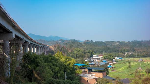 istock Highway bridge by the buildings surrounded by trees under the blue sky 1454553266