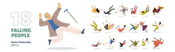 Vector illustration of Falling people set, senior young characters fall
