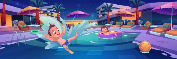 dzieci pływają i bawią się w basenie w luksusowym hotelu - swimming pool child water park inflatable stock illustrations