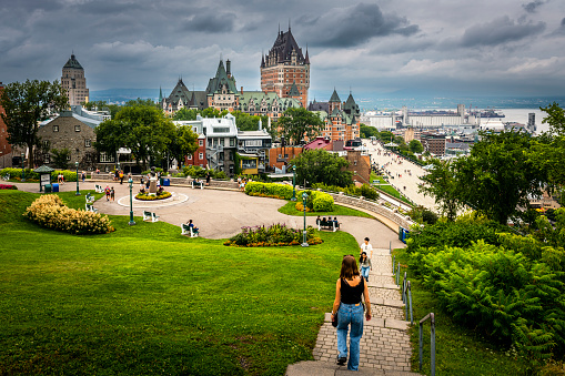 Québec City, Canada - August 22, 2022: Panoramic view of Québec City skyline with Chateau Frontenac Hotel and Saint Lawrence river in Canada. Québec City is the capital of the largely French-speaking Canadian province of Québec.