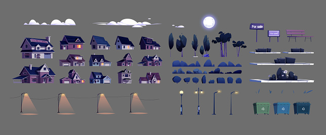 Elements of suburban street night landscape with houses, trees, garbage bins, lanterns, full moon and clouds. Village or suburb neighborhood buildings, flowerbeds, bushes, bench, vector cartoon set