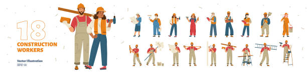 Construction workers set, repair service employees Construction workers set, repair service employees, builders, repairmen and renovation foremen. Male and female characters in uniform with professional tools Isolated line art flat vector illustration handyman stock illustrations