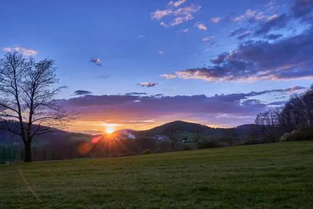 Sonnenuntergang in der Oberlausitz mit Kirschbaum und Bergen