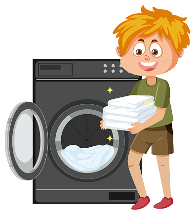 Cartoon boy doing laundry with washing machine illustration