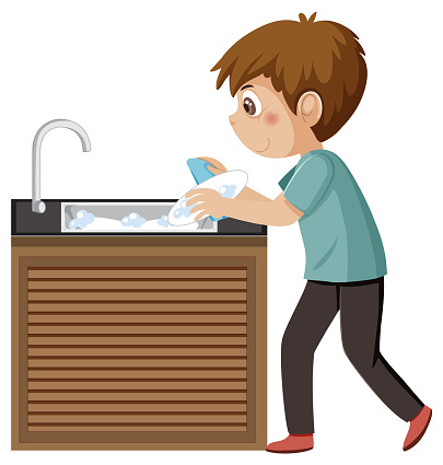A boy washing dishes at sink illustration