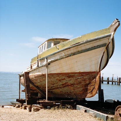 An old boat on the shore in China Camp State Park