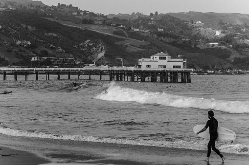 Malibu, United States – June 16, 2016: A grayscale shot of a male surfer carrying a surfboard on the beach of Malibu, California, USA