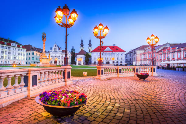 Timisoara, Romania - Union Square downtown night scene, beautiful baroque city in Banat. European Capitals of Culture 2023. stock photo