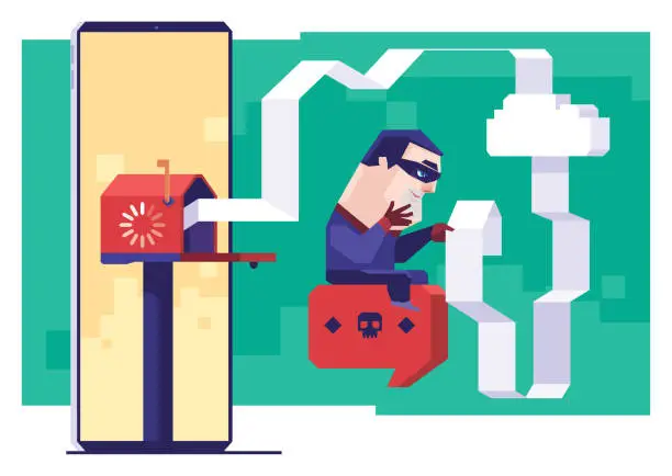 Vector illustration of hacker checking data list downloaded from mailbox on smartphone