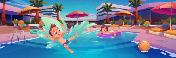 dzieci na basenie na terenie hotelu z salonami - swimming pool child water park inflatable stock illustrations