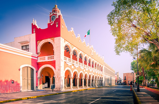 Merida, Mexico. Plaza Grande, charming spanish colonial city downtown in Yucatan Peniunsula, colored houses architecture.