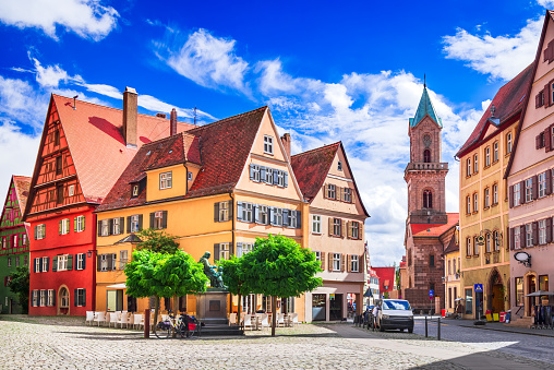 Dinkelsbuhl, Germany. Charming small town with traditional half-trimbered colorful houses on Romantische Strasse route, famous scenic landmark of Bavaria.